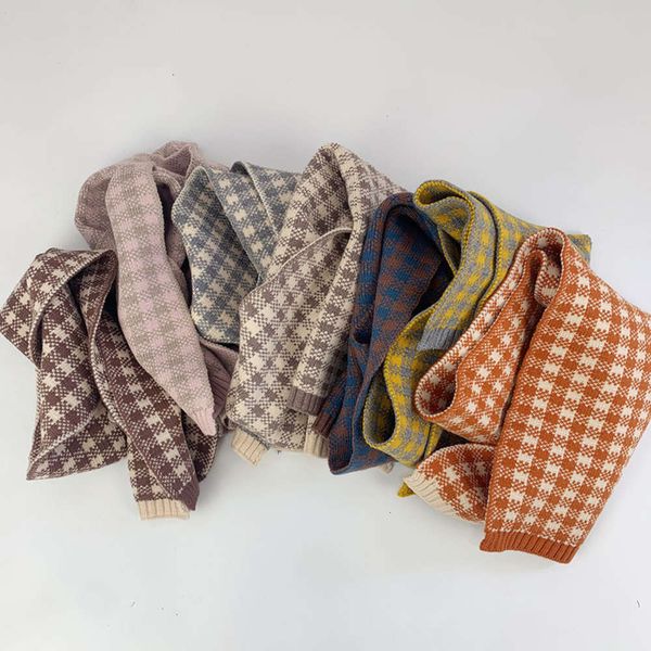 

children's autumn winter scarf plaid neck cover lengthened soft knitting versatile for boys and girls, Red;brown