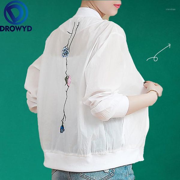 

summer white print thin baseball jacket women new casual long-sleeve o-neck bomber breathable sunscreen cardigan loose coat1, Black;brown