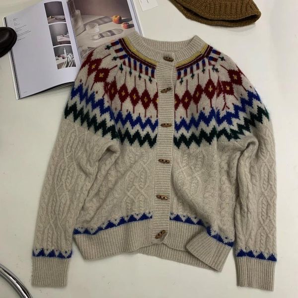 

women sweater autumn and winter round neck retro pattern thicken sweater jacket women's wool knit cardigan, White