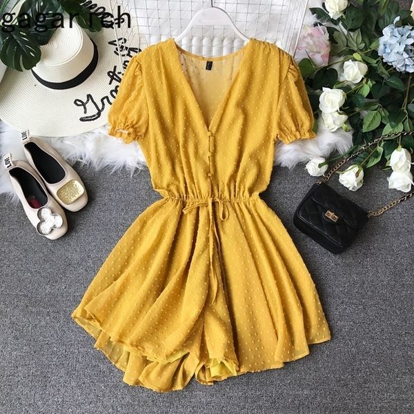 

gagarich women chiffon jumpsuit 2020 new v-neck polka dot waist ladies summer solid playsuit fashion wear elegant t200704, Black;white