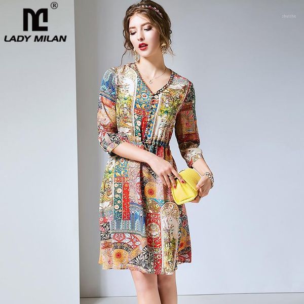 

100% pure silk women's runway dresses v neck 3/4 sleeves printed buttons detailing fashion summer short dresses1, Black;gray