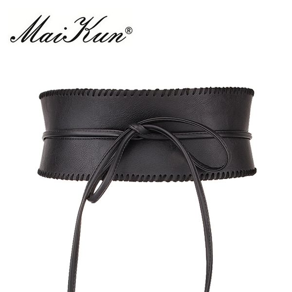 

maikun wide belts for women obi style fashion self tie bowknot female strap pu leather women belt y200501, Black;brown