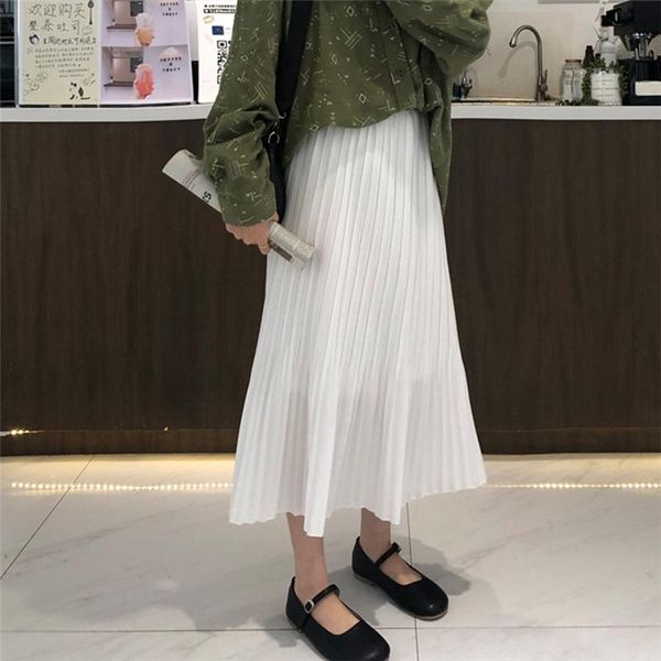 

skirts womens chic solid pleated midi female casual high waist spring autumn, Black