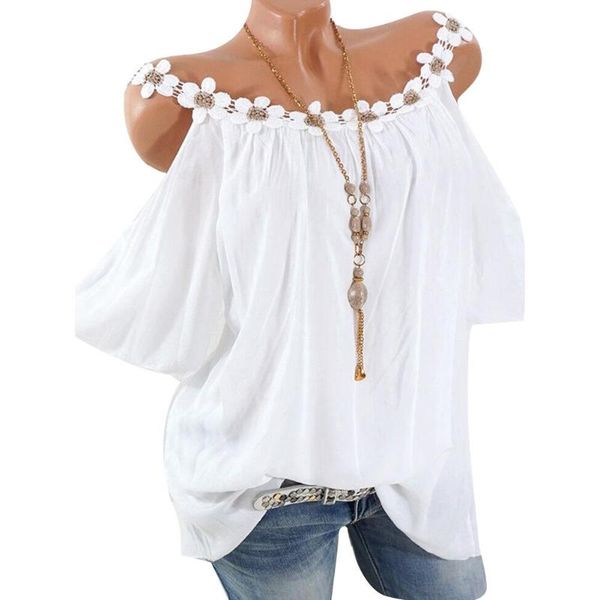 

plus size solid color fashion women shirt clothing casual sling cold shoulder short sleeve crochet flower blouse, White