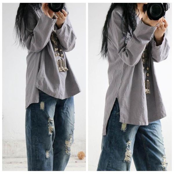 

women's t-shirt women loose v neck linen tees shirt ladies solid flax tee female vintage irregular length spring autumn, White