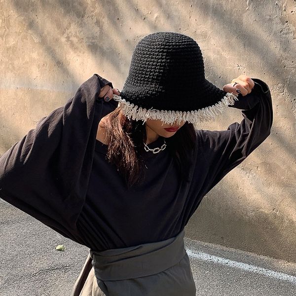 

lm7u classic men fashion label leather bucket hats contrast color for letter women summer sun etiquette fisherman cap camping hunting chapea, Brown;gray