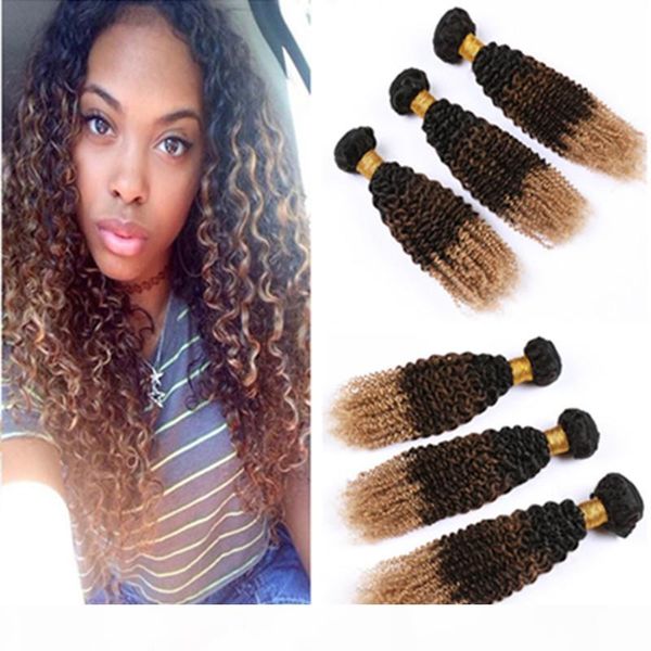 

#1b 4 27 ombre kinky curly brazilian human hair weave bundles honey blonde dark roots virgin hair extensions kinky curly three tone, Black