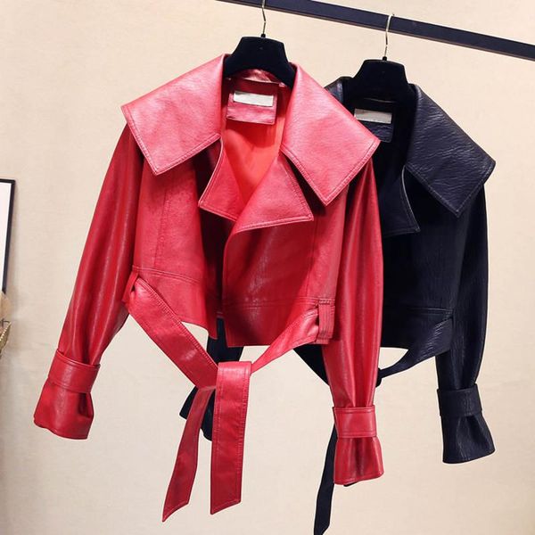 

red black leather jacket women autumn new lace up pu faux leather jackets women lapel streetwear biker jacket short coat c5912