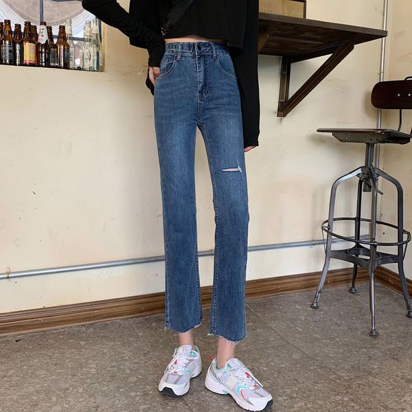 

shave straight leg brem high waist for thin korean-style women brim streetwear boyfriend fashionable ankle-length new pants, Blue
