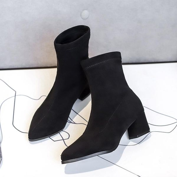 

boots ankle boot female autumn winter 2021 chunky with single web celebrity versatile shoes high heels pointed skin, Black