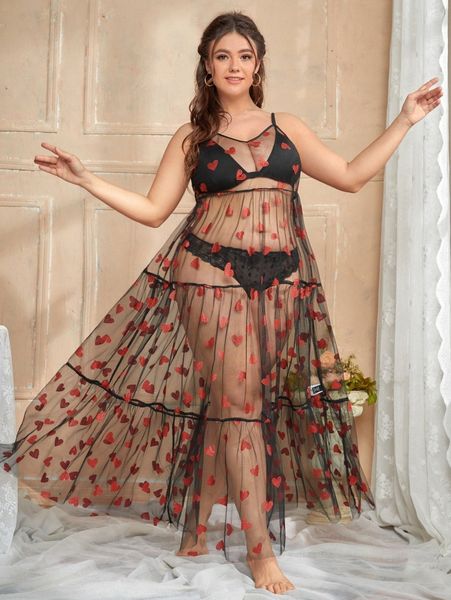 

plus allover heart print slips without lingerie set f27i#, Black;white