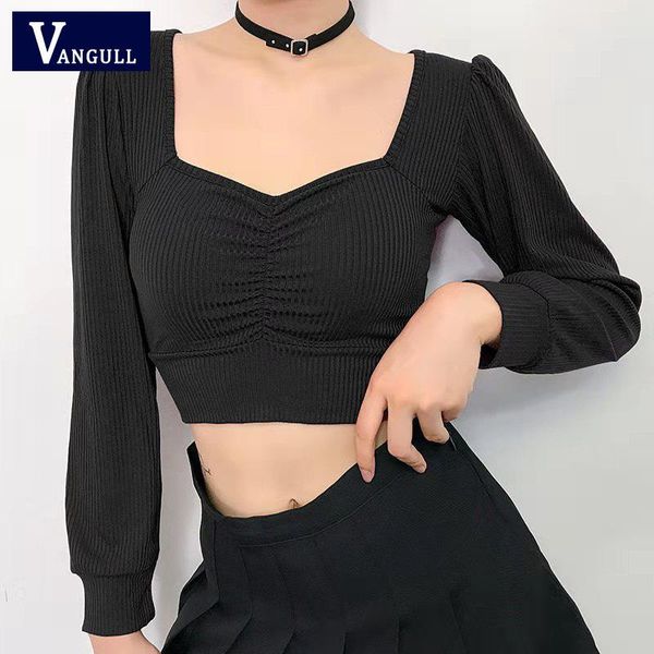 

women's t-shirt vangull vintage square collar cross folds and chest corduroy knit short umbilical slim long puff sleeved top, White