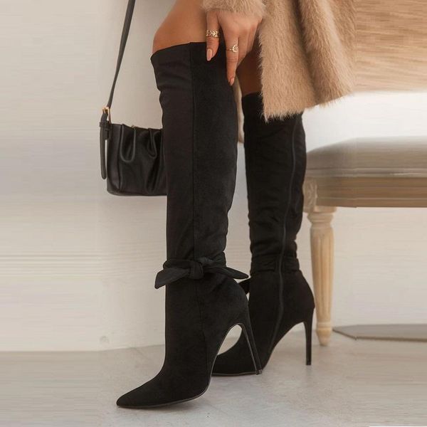 

new women knee high boots autumn winter high heels pointed toe ladies shoes zipper bowknot stiletto long boots botas mujer, Black