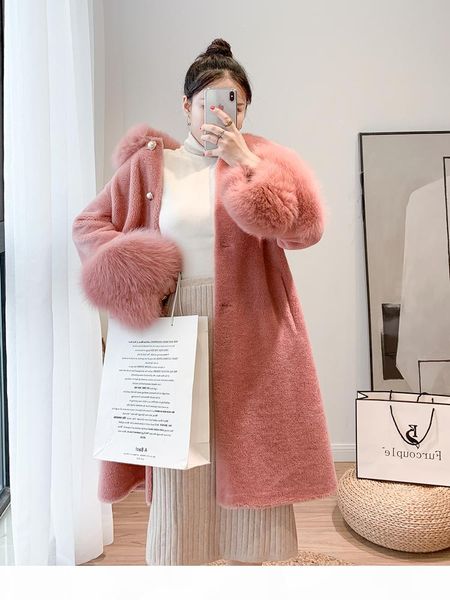 

oftbuy 2020 women winter jacket real granule sheep shearing coat natural fox fur collar streetwear thick warm outerwear casual, Black