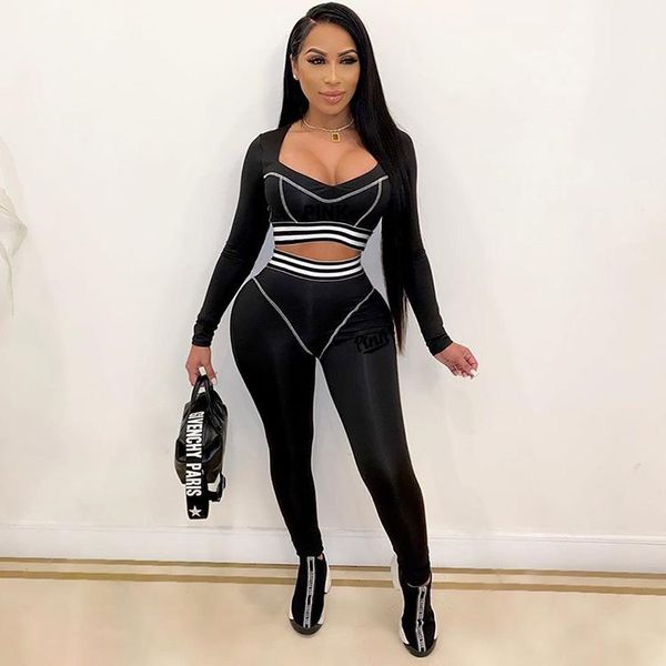 

women's tracksuits dpsde 2021 women fashion movement style sets long sleeve round neck elastic pants letters two piece, Gray