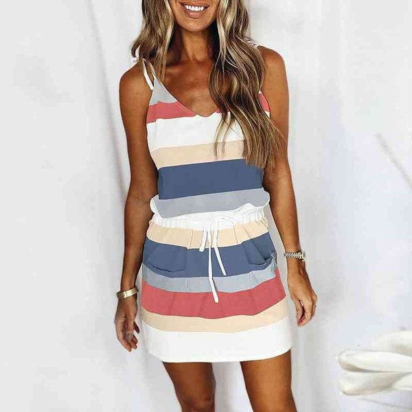 

womens dress striped color v-neck drawstring pocket suspender dress women casual summer dresses beach mini sundress vestidos, Black;gray