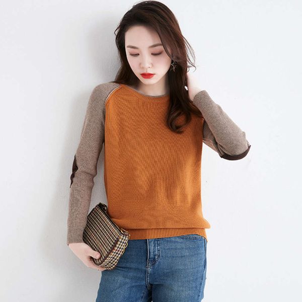

korean fashion color contrast bottomed new autumn and winter 2020 women's lazy style long sleeve round neck sweater, White