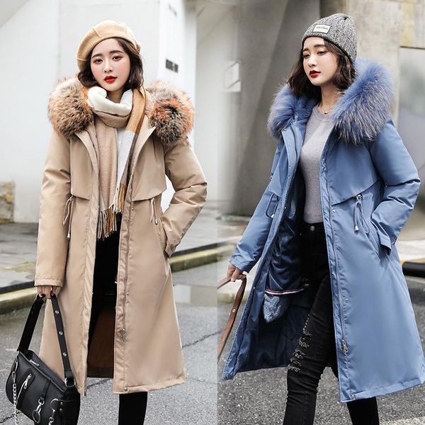 

2020 new women winter plus velvet big fur collar long padded jackets office lady solid pocket zipper patchwork thick parker coat1, Black