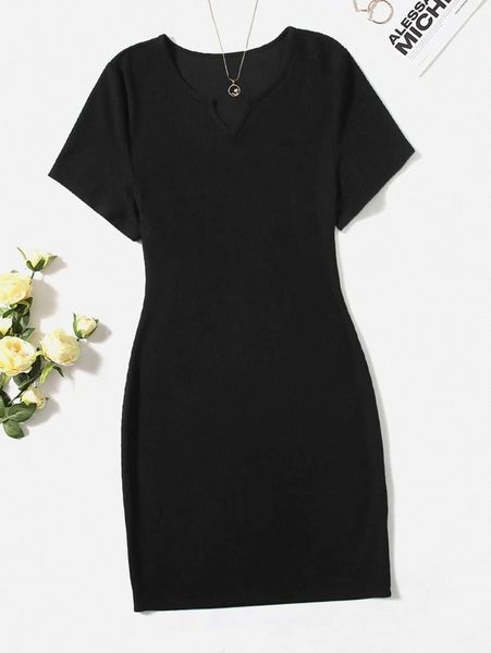 

plus ribbed knit notched neck dress m4uu#, Black
