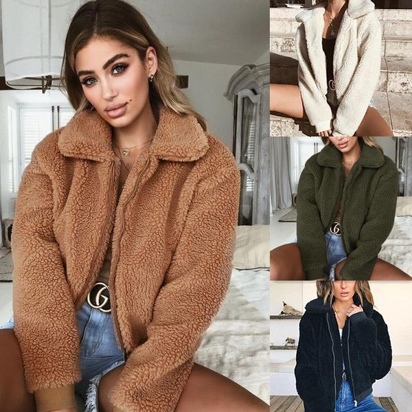 

winter women turndown collar wool blend jacket long sleeve zipper loose thick coat fleece faux fur jumper mujer invierno ey*1, Black