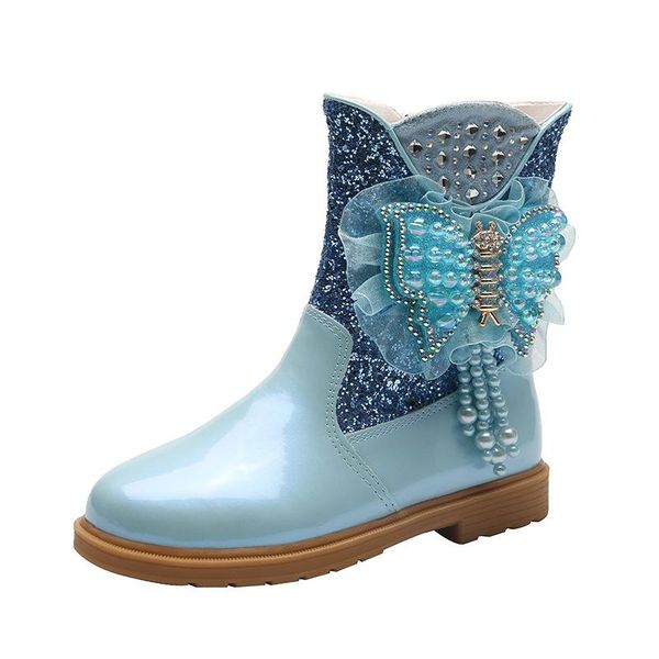 

children winter boots for girls fashion plush boots princess flats dress shoes snow boot with butterfly-knot swf001, Black;grey