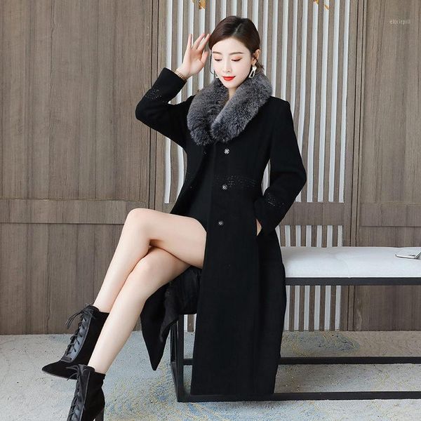 

black winter women new long woolen coat with fur collar clothes korean slim fashion loose overcoat elegant outerwear y7591