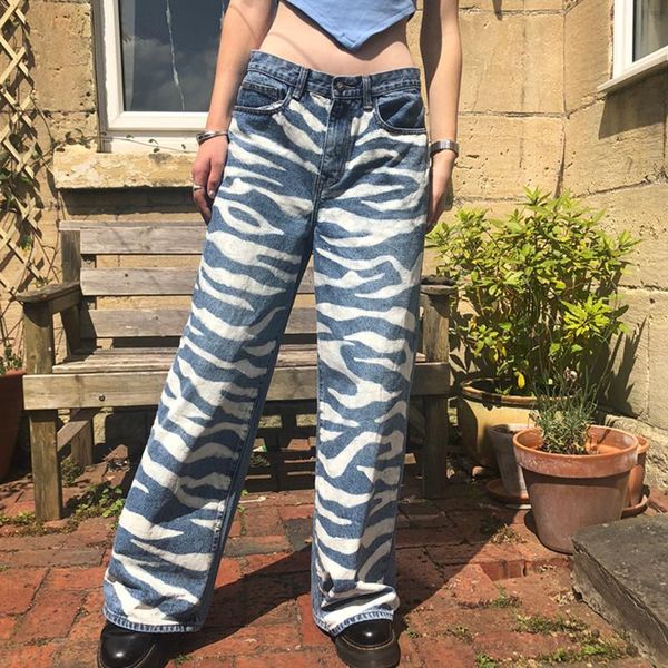 

zebra cow print pants women y2k striped high waist jeans pants loose wide legs streetwear fall long trousers autumn winter, Black;white