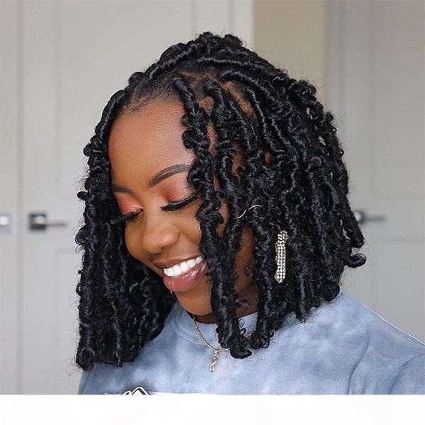 

butterfly locs crochet hair 12 inch short distressed faux locs crochet hair pre looped natural messy butterfly bob locs pre-twisted braids, Black