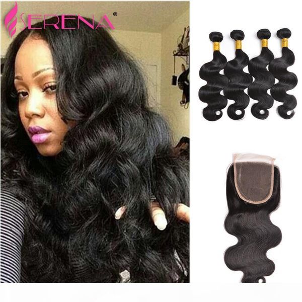 

brazilian human weave hair weft extensions 4 bundles and lace closure(4"x4") 1pcs body wave wavy natural color ing, Black;brown