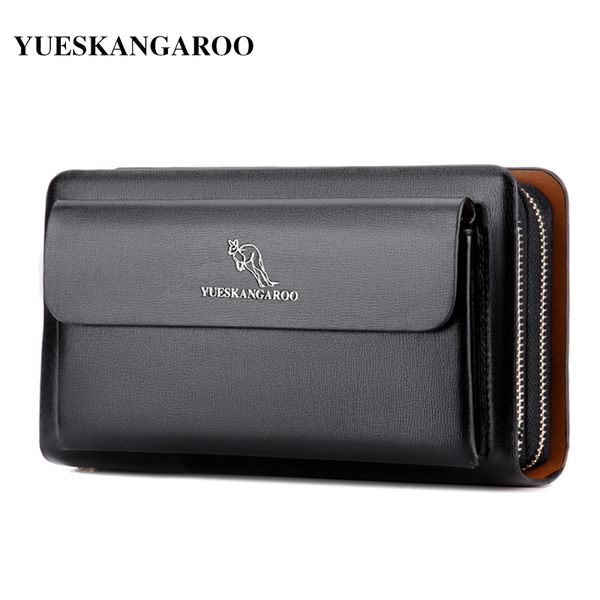 

kangaroo brand men clutch bag fashion leather long purse double zipper business wallet black brown male casual handy bag c1115, Red;black