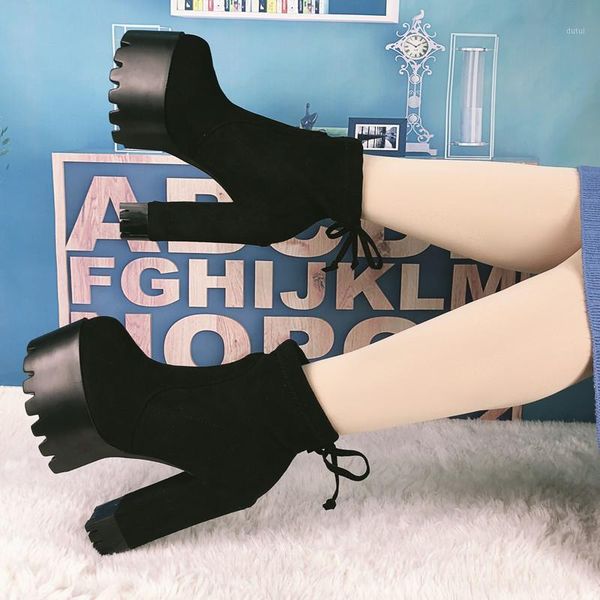 

2020 autumn and winter new muffin thick with 14cm super high heel suede nightclub bare short boots women's shoes1, Black