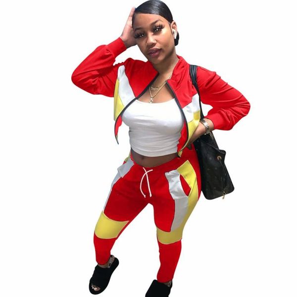 

мода геометрический принт потного костюма 2 двух частей набор женщин стойки воротник топы и штаны наряды осенью новая уличная одежда трексуи, Gray