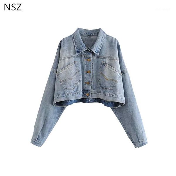 

nsz women jean jacket denim coat long sleeve short outerwear oversize loose crop coat1, Black;brown
