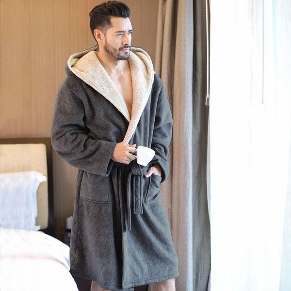 

2021 brand winter robes men's soft flannel hooded bathrobes male comfort gray knee length home warm dressing gown, Black;brown