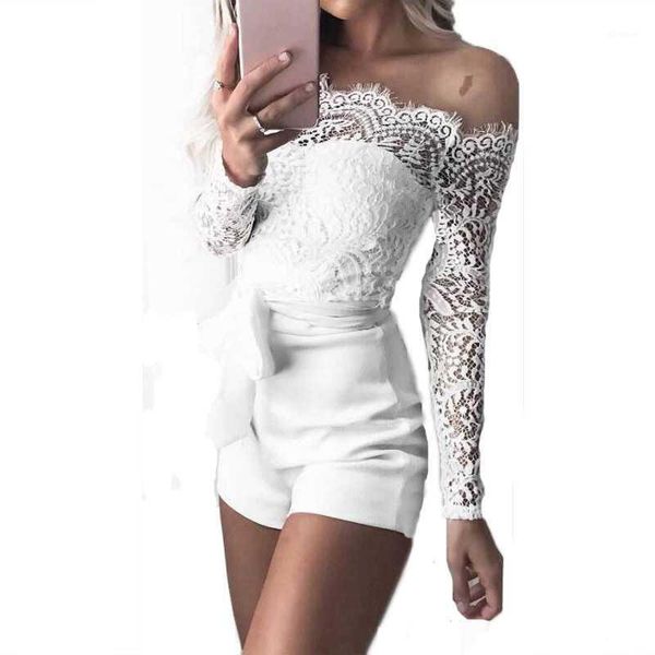 

women ladies summer autumn off shoulder playsuits fashion long sleeve sheer lace patchwork hollow bandage skinny playsuits1, Black;white