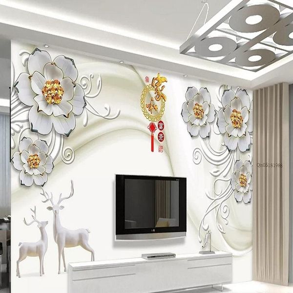 

new custom 3d large mural wallpaper white diamond floral elk jewelry children's room tv background living bedroom