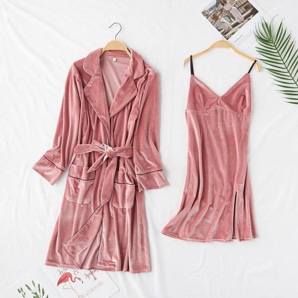 

burgundy autumn winter kimono robe gown set casual velour sleepwear v-neck nightgown turn-down collar bathrobe with pocket, Black;red