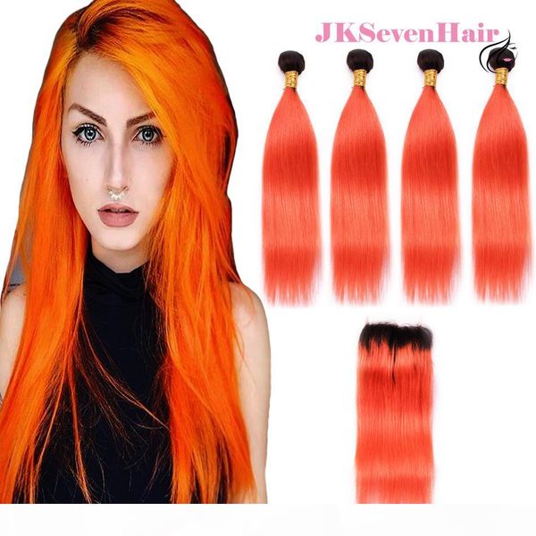 

two tone orange straight brazilian virgin hair extensions 4pcs with 4x4 inch lace closure 1b orange peruvian malaysian indian hair weaves, Black