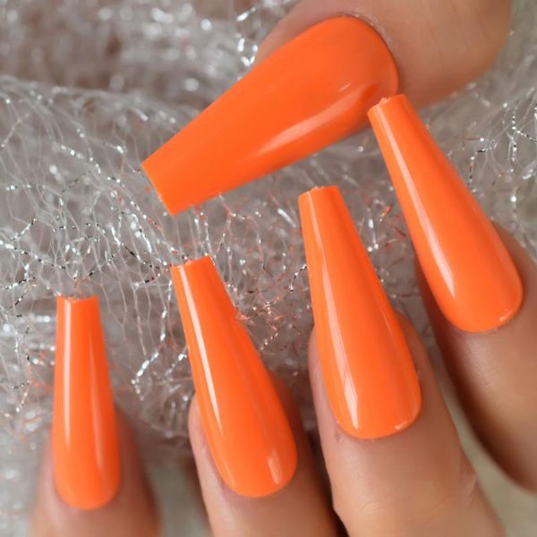

false nails glossy neon orange 24pcs/set nail tips full cover ballet coffin fake with glue sticker french art manicure tool, Red;gold