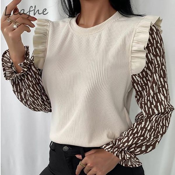 

2021 women elegant o neck patchwork ruffle blouse shirt autumn rib slim pullover fashion casual butterfly base shirt blusas, White