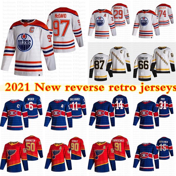 

2021 new reverse retro jerseys 97 connor mcdavid 74 bear 29 draisaitl 31 carey price 91 tarasenko 87 sidney crosby 66 lemieux hockey jersey, Black;red