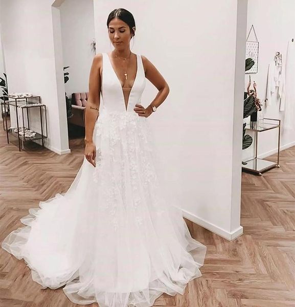 

custom made deep v neck a line wedding dress with appliques court trian backless satin plus size bridal gowns, White