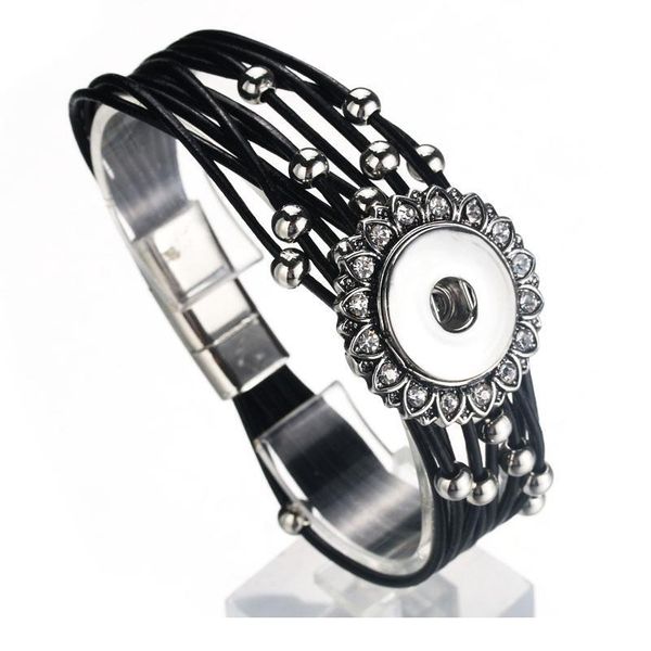 

magnet buckle black rhinestone snap bracelet real genuine leather bracelet fit 18mm snap button bracelet for women jewe bbyytw, Golden;silver