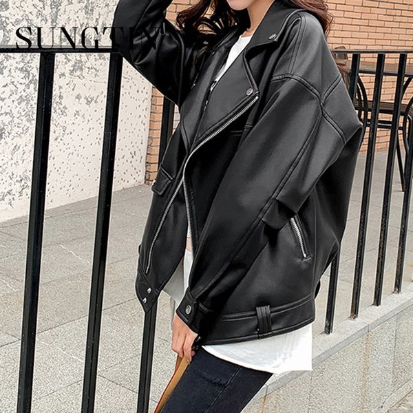 

sungtin faux leather jaet women casual pu loose motorcycle jaets female streetwear oversized coat korean chic new spring, Black