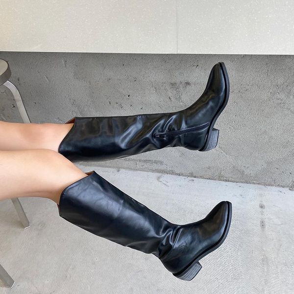 

ins 2020 women new white block high heels mid calf boots lady riding cowboy boots winter designer thigh high western shoes1, Black