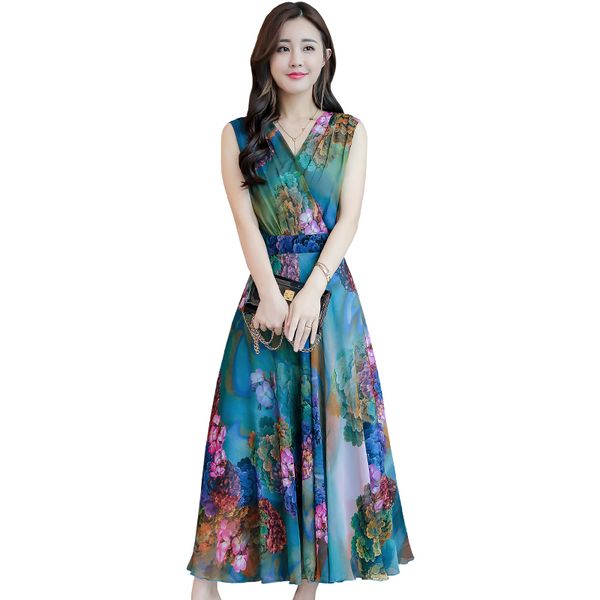 

2021 new print chiffon sleeveless dresses summer vintage plus size maxi sundress elegant women party dress vestidos j179 61l8, Black;gray