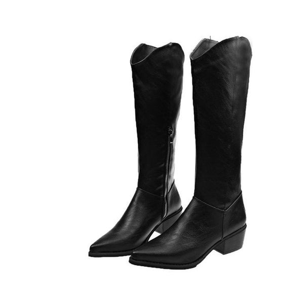 

boots band designer faux leather women knee high pointed toe long chunky block heel black apricot brown