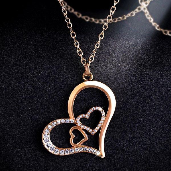 

gold crystal double heart pendant necklace long gold heart necklace romantic for women jewelry christmas gifts nken21, Silver