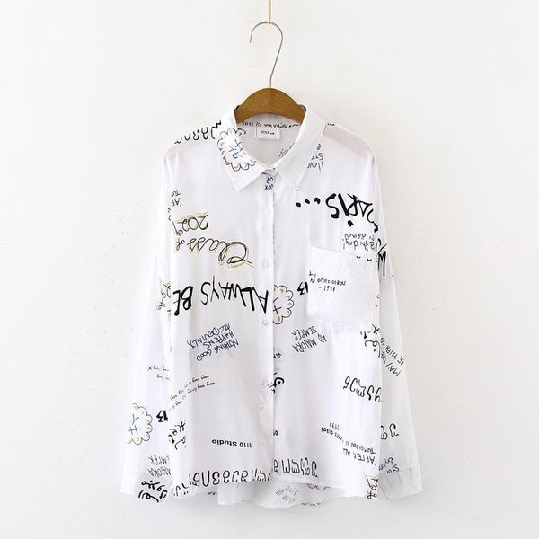 

women cotton blouse shirts long sleeve letters print autumn casual loose blouses shirt1, White