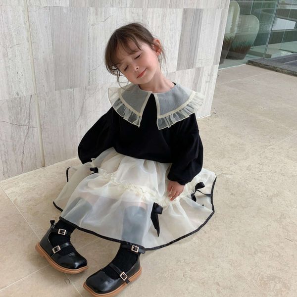

spring clothing 2021 korean children's lantern princs girl's loose soft fairy long sve pullover, Black